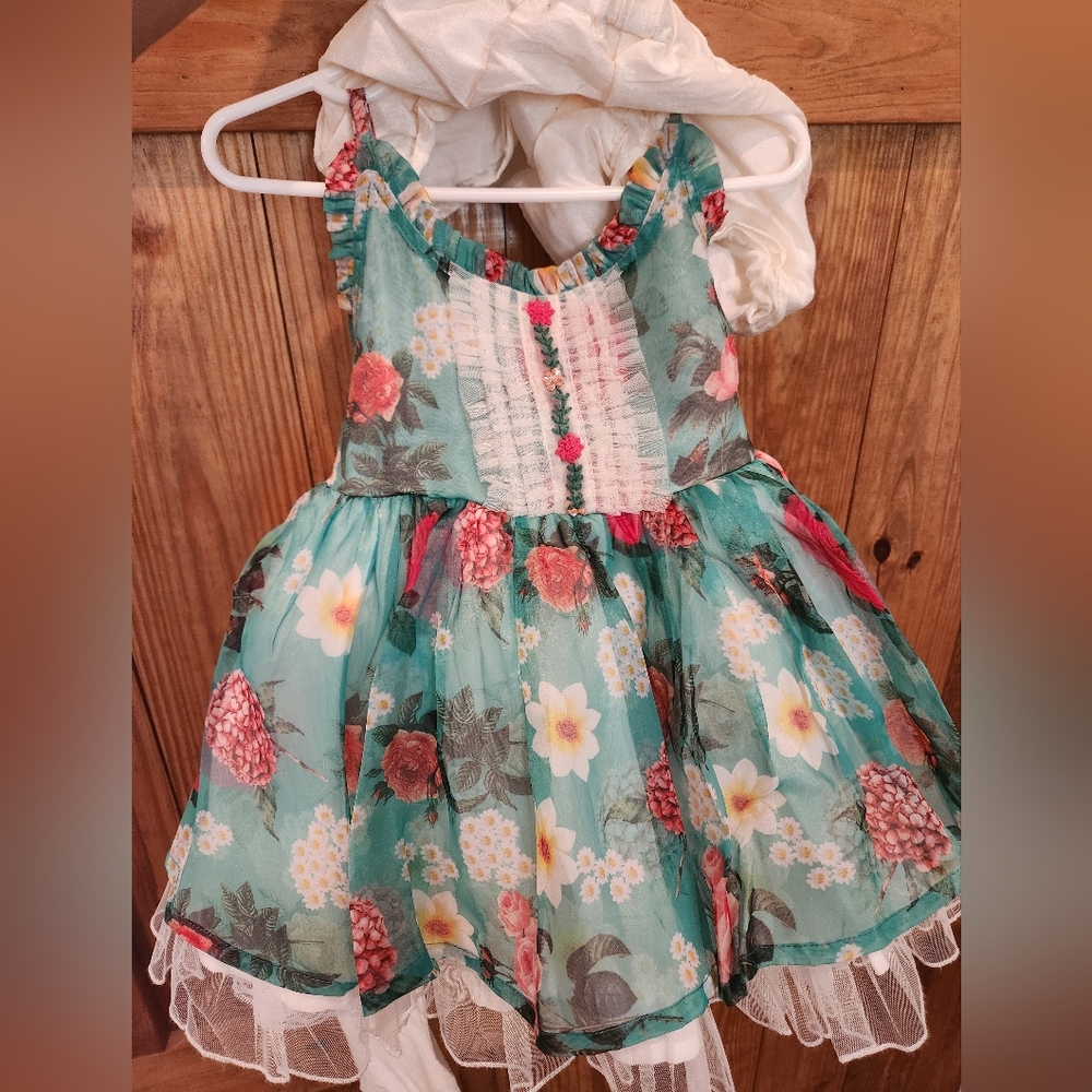 Floral Kids Dress - Teal and White